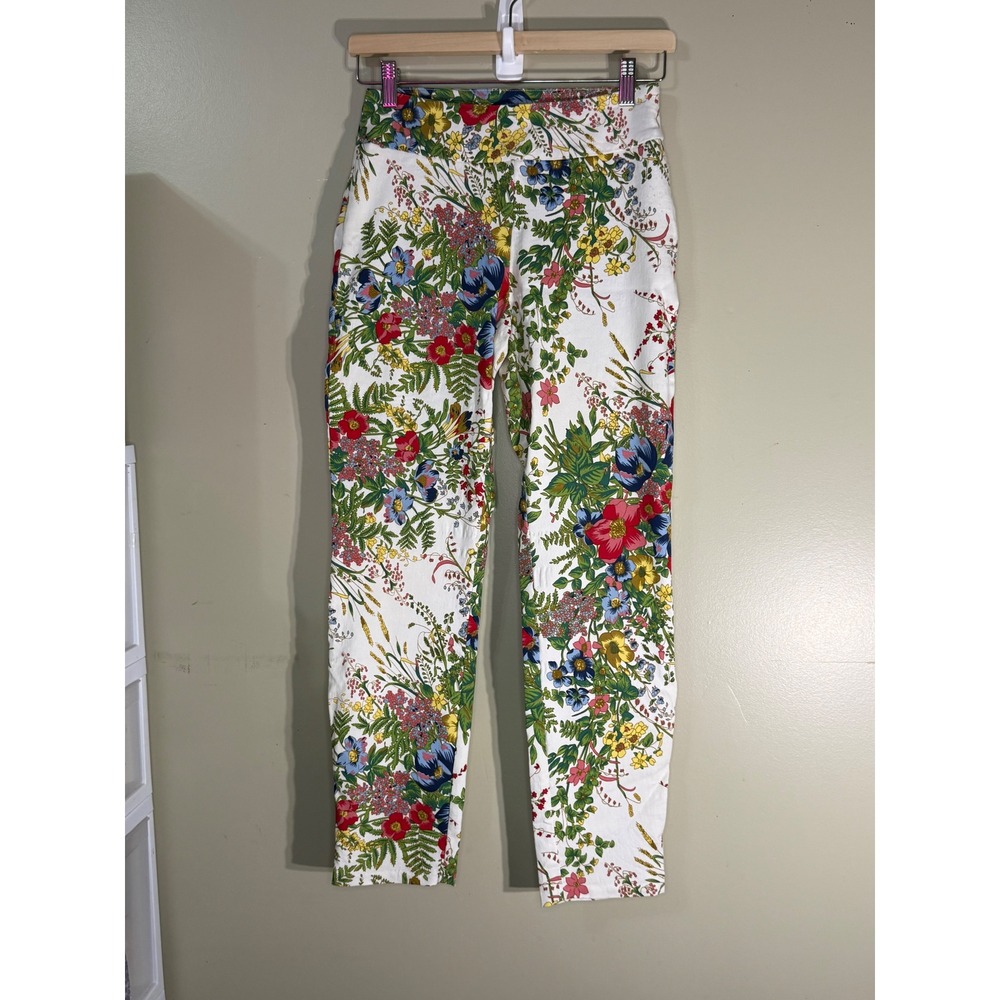 Up! Pants Montreal Floral Print Slim Leg Pull On Trousers White Multi Size 2